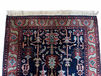 4x6 Vintage Handmade Wool Geometric Rug Organic Dyes Blue Red Hand-Knotted Rug - Nuvé