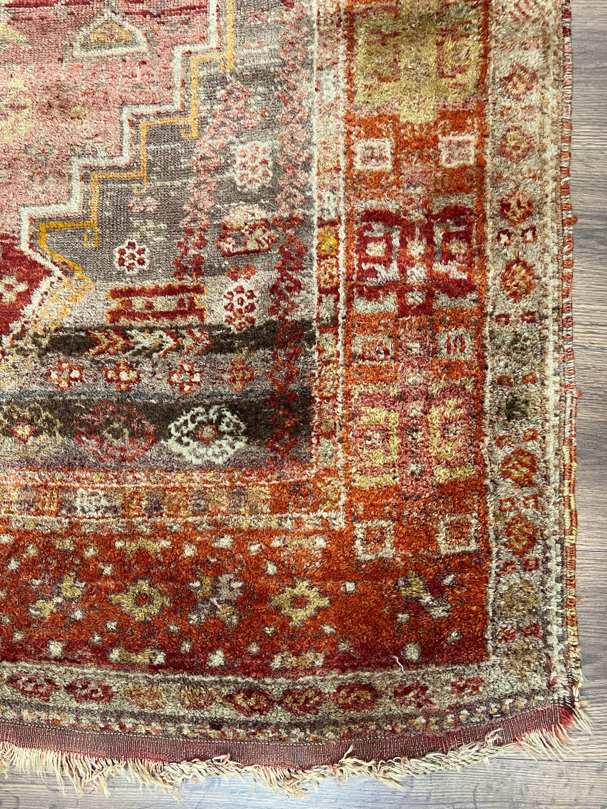 Antique Turkish Melas Rug 4x7, Tribal Geometric Unique Collectible Hand Knotted Wool Oriental Carpet, Rare 1920s Rug, Burnt Orange Red - Nuvé