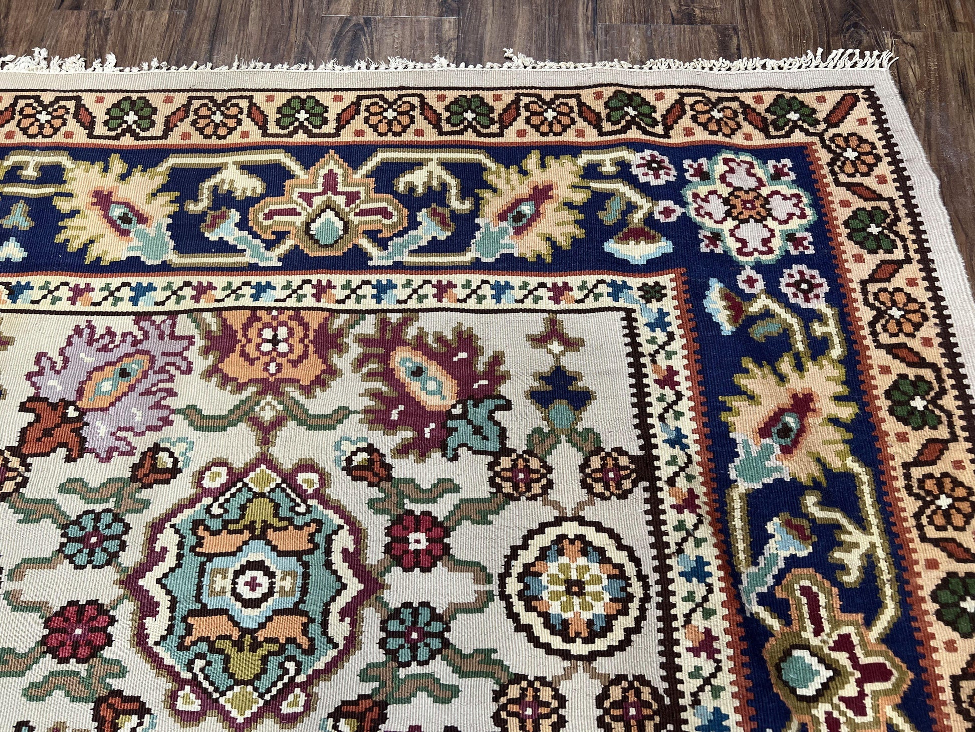 Antique Turkish Kilim Rug 7x10 Allover Pattern, Ivory Cream Maroon Light Blue, Wool Flatweave Hand Woven, Large Kilim, Vintage Kilim Carpet - Nuvé