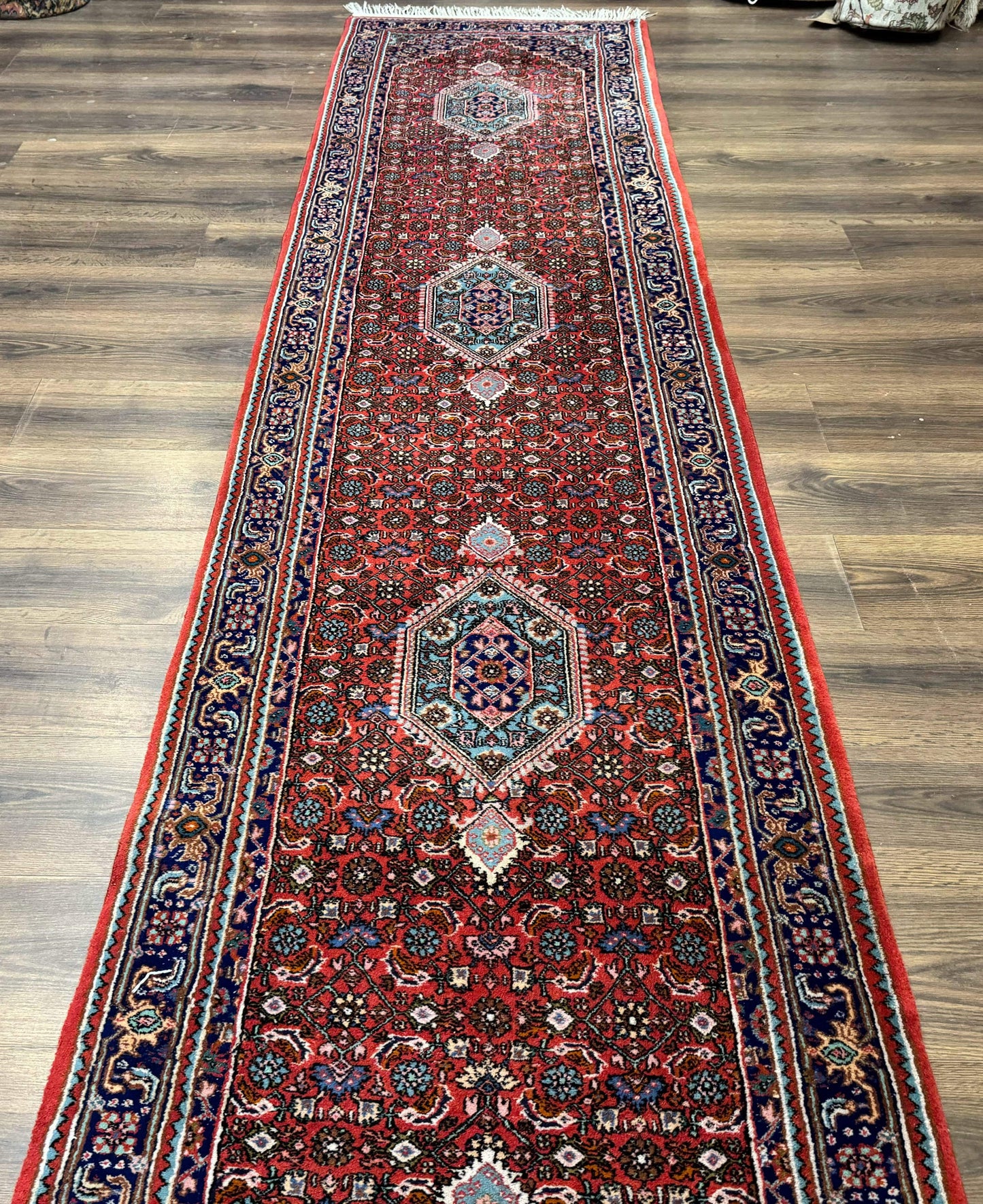 Indo Persian Bidjar Runner Rug 3 x 18.6, Red Navy Blue, Long Runner, Wool Oriental Carpet - Nuvé