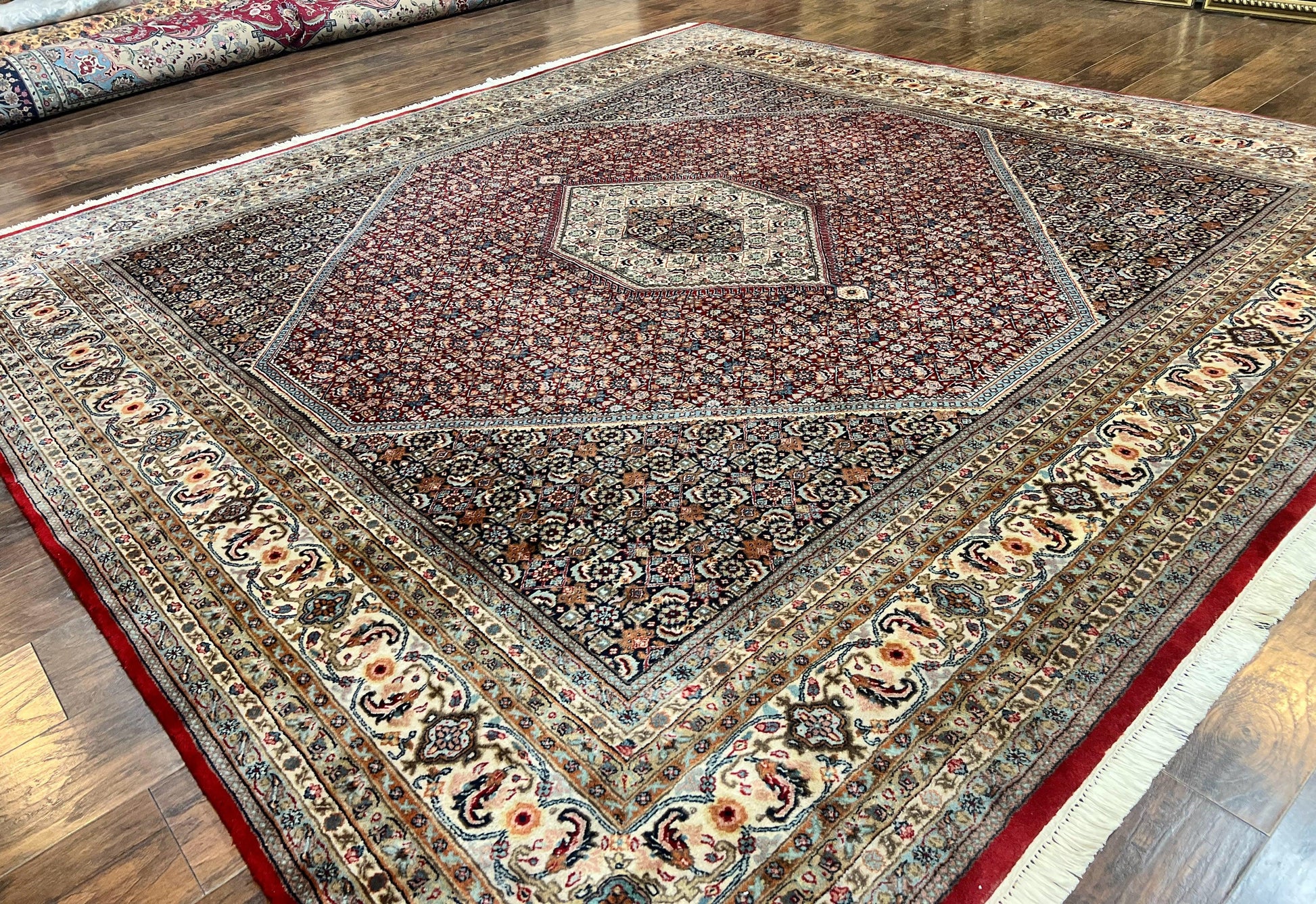 Square Indo Persian Bidjar Rug 10x10, Red, Handmade Vintage Wool Carpet - Nuvé