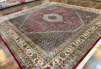 Square Indo Persian Bidjar Rug 10x10, Red, Handmade Vintage Wool Carpet - Nuvé
