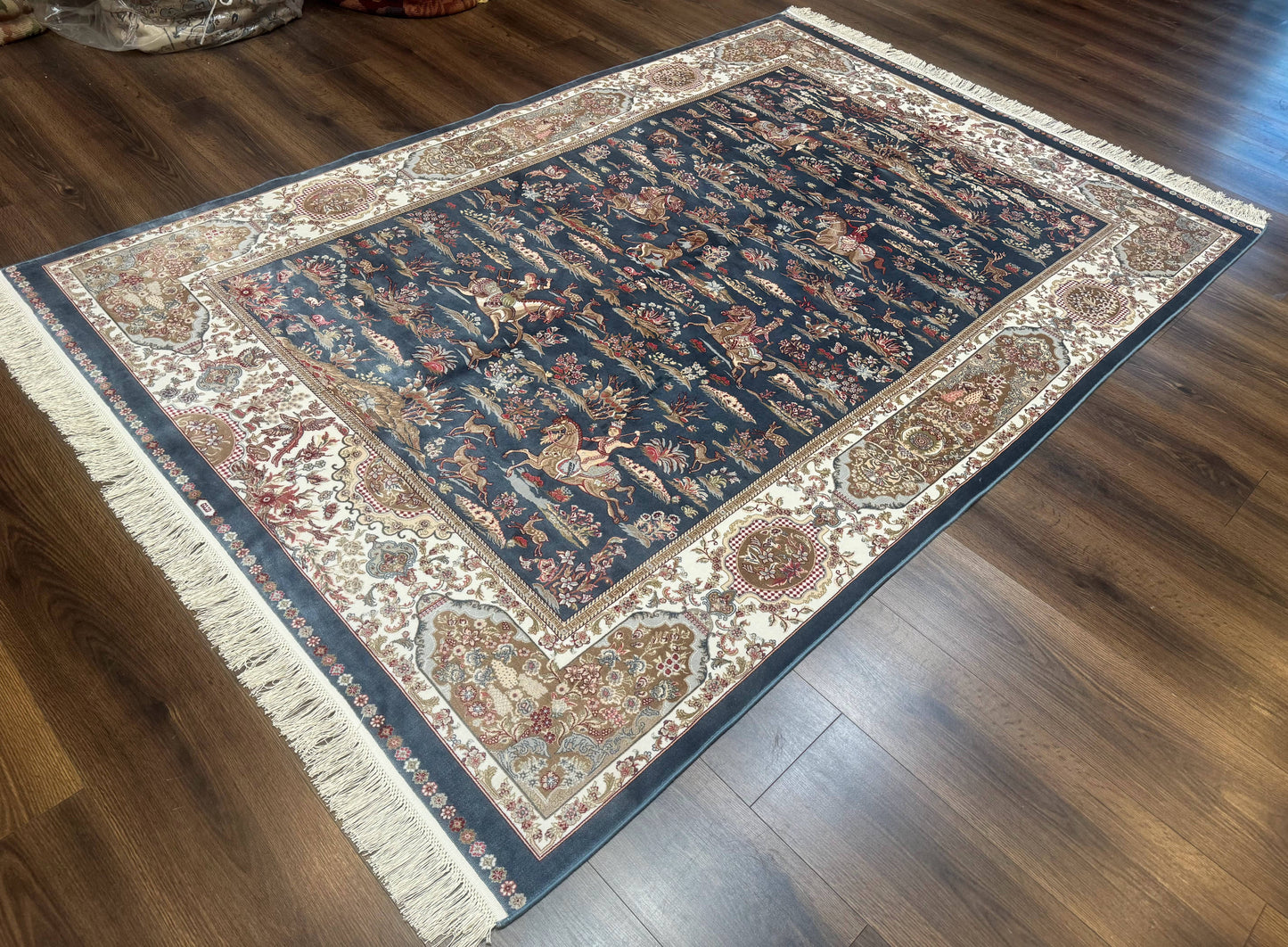 Turkish Silk Rug 5x8, Hunting Design, Animal Pictorials, Steel Blue & Ivory, Bamboo Silk - Nuvé