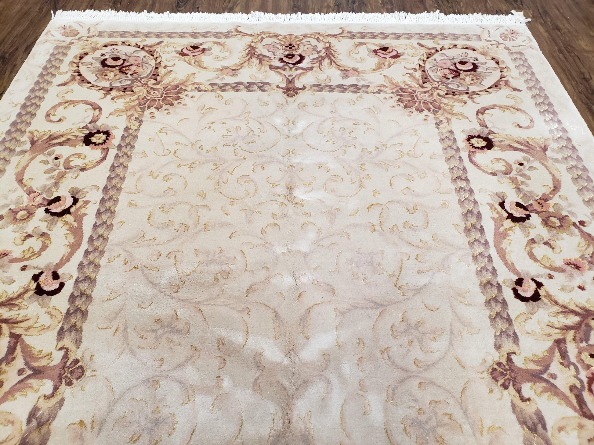 Vintage Ivory Chinese Aubusson Area Rug 6x9, Wool & Silk, Hand-Knotted 120 Line Fine Rug, European Design Carpet, 6 x 9 Master Signature Rug - Nuvé