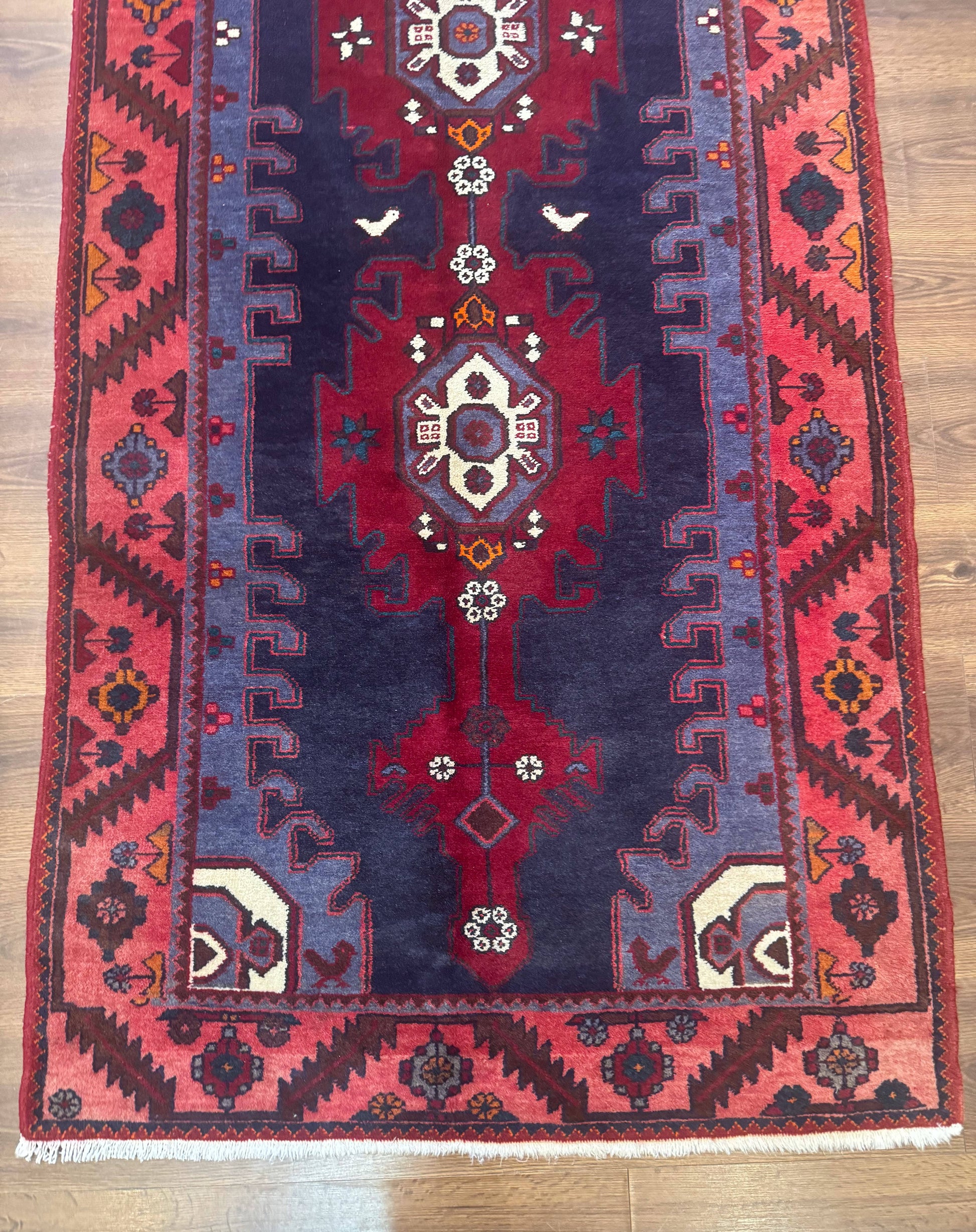 Persian Karajeh Runner Rug 3.6 x 9.5, Geometric Medallions, Tribal Village Rug, Navy Blue, Handmade - Nuvé