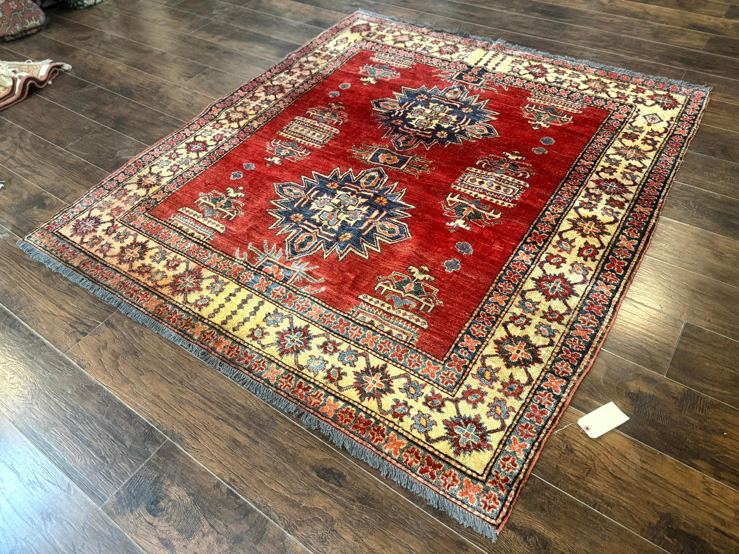Square Turkish Rug 6x6, Azerbaijani Azeri Turkish Armenian Rug, Red Tan Blue, Geometric, Wool Carpet - Nuvé