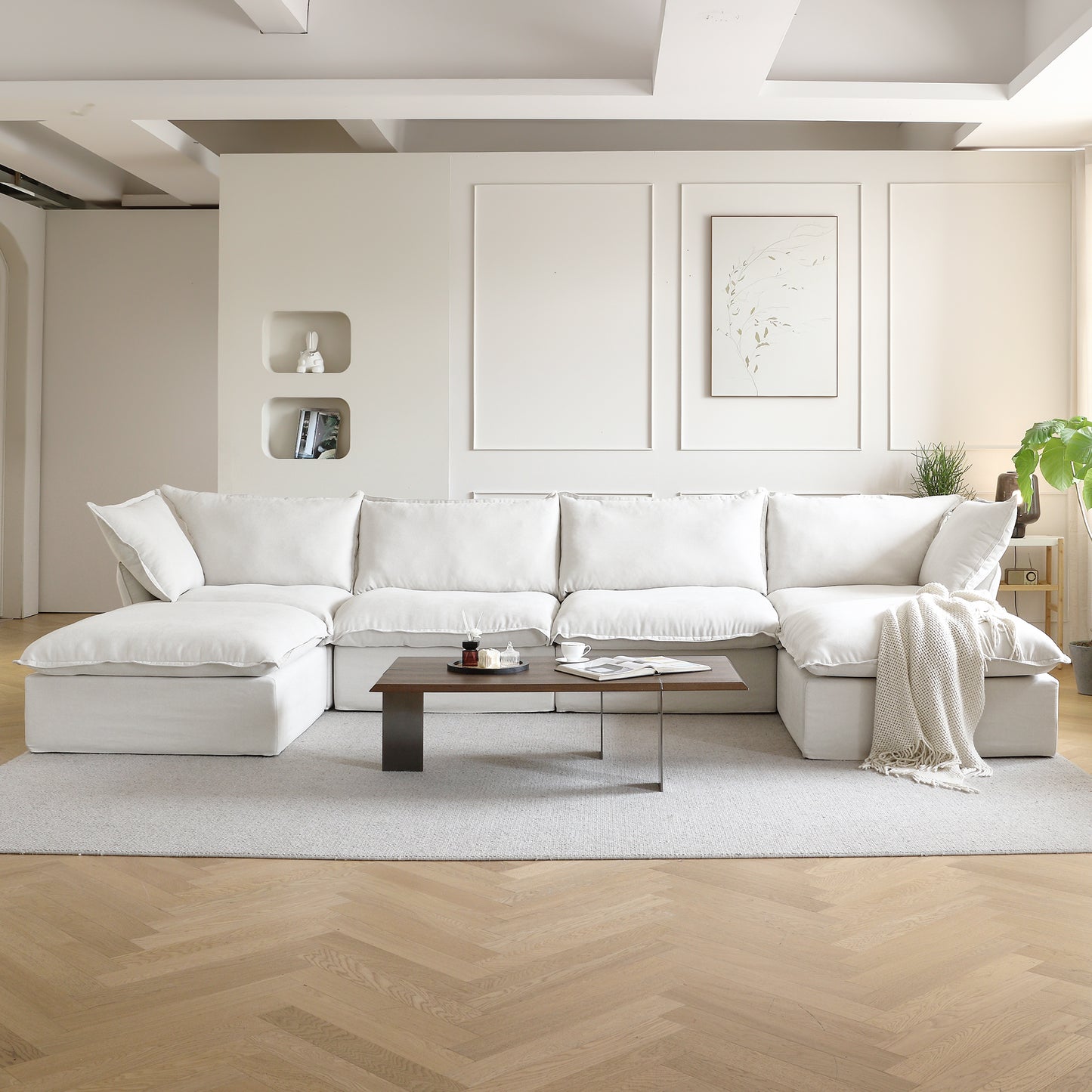 Sabi Modular Boucle Cloud Sofa - Snow White - 4-Seater Sectional Sofa with 2 Ottomans - Nuvé