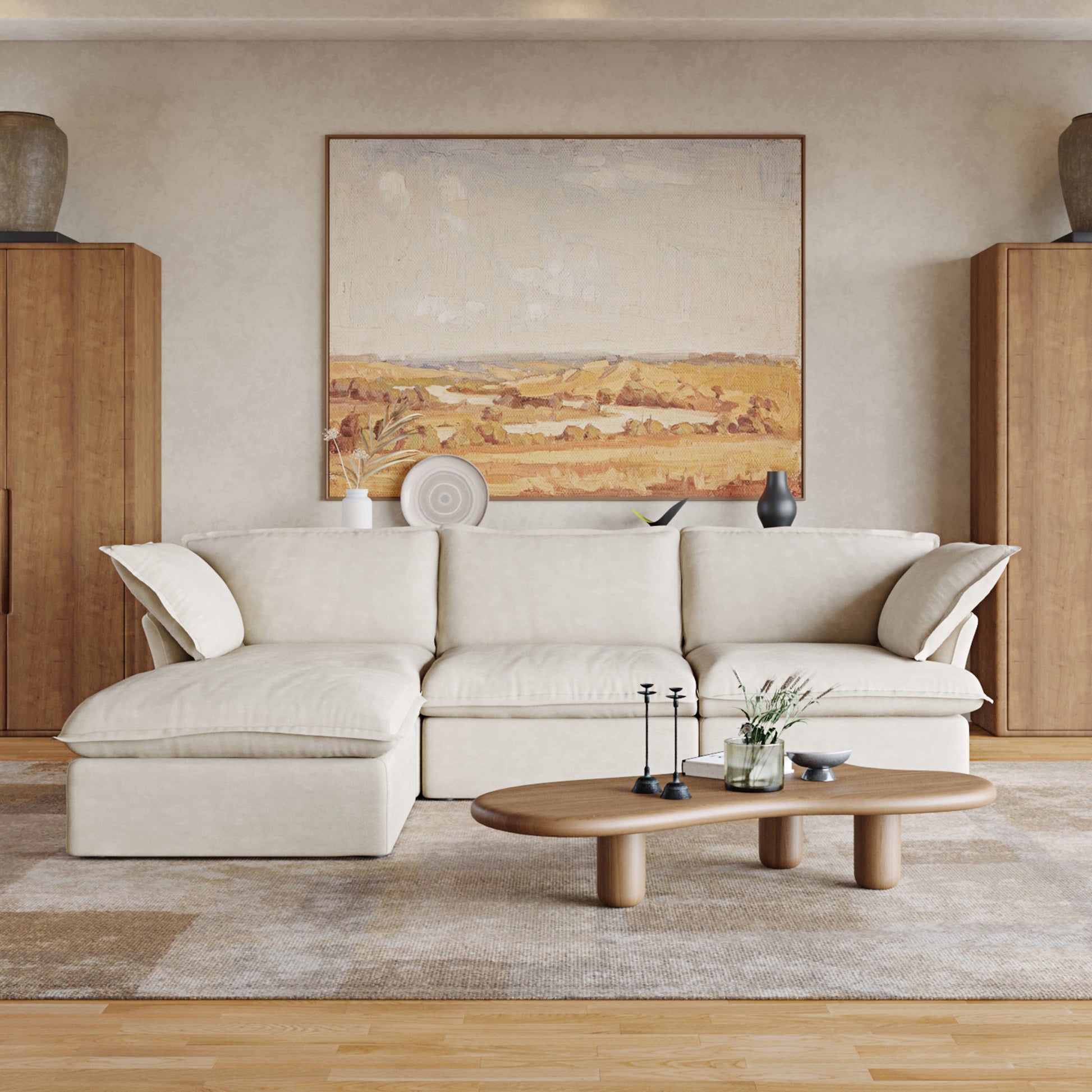Sabi Modular Boucle Cloud Sofa - Beige - 3-Seater Sectional Sofa with Ottoman - Nuvé