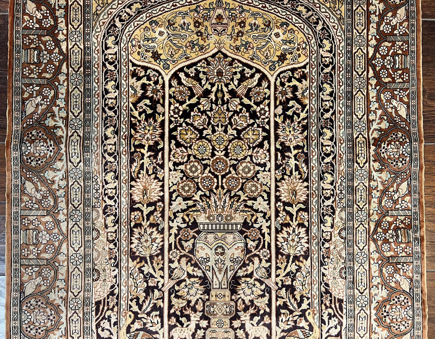 Turkish Silk Hereke Rug 2x3, Floral Vase Tree of Life Birds, Silk Pile on Silk Foundation, Vintage Oriental Carpet, Very Fine, Signature - Nuvé
