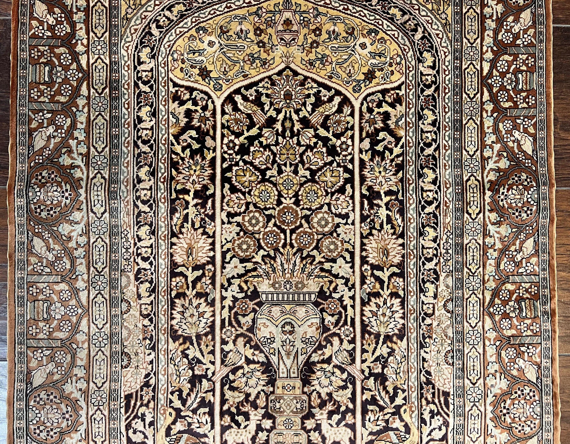 Turkish Silk Hereke Rug 2x3, Floral Vase Tree of Life Birds, Silk Pile on Silk Foundation, Vintage Oriental Carpet, Very Fine, Signature - Nuvé