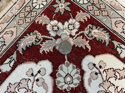 Silk Indian Kashmiri Rug 4x6 ft, Floral Medallion Hand Knotted Handmade Oriental Carpet, Vintage, Cream Burgundy, Very Fine Silk Rug 4 x 6 - Nuvé