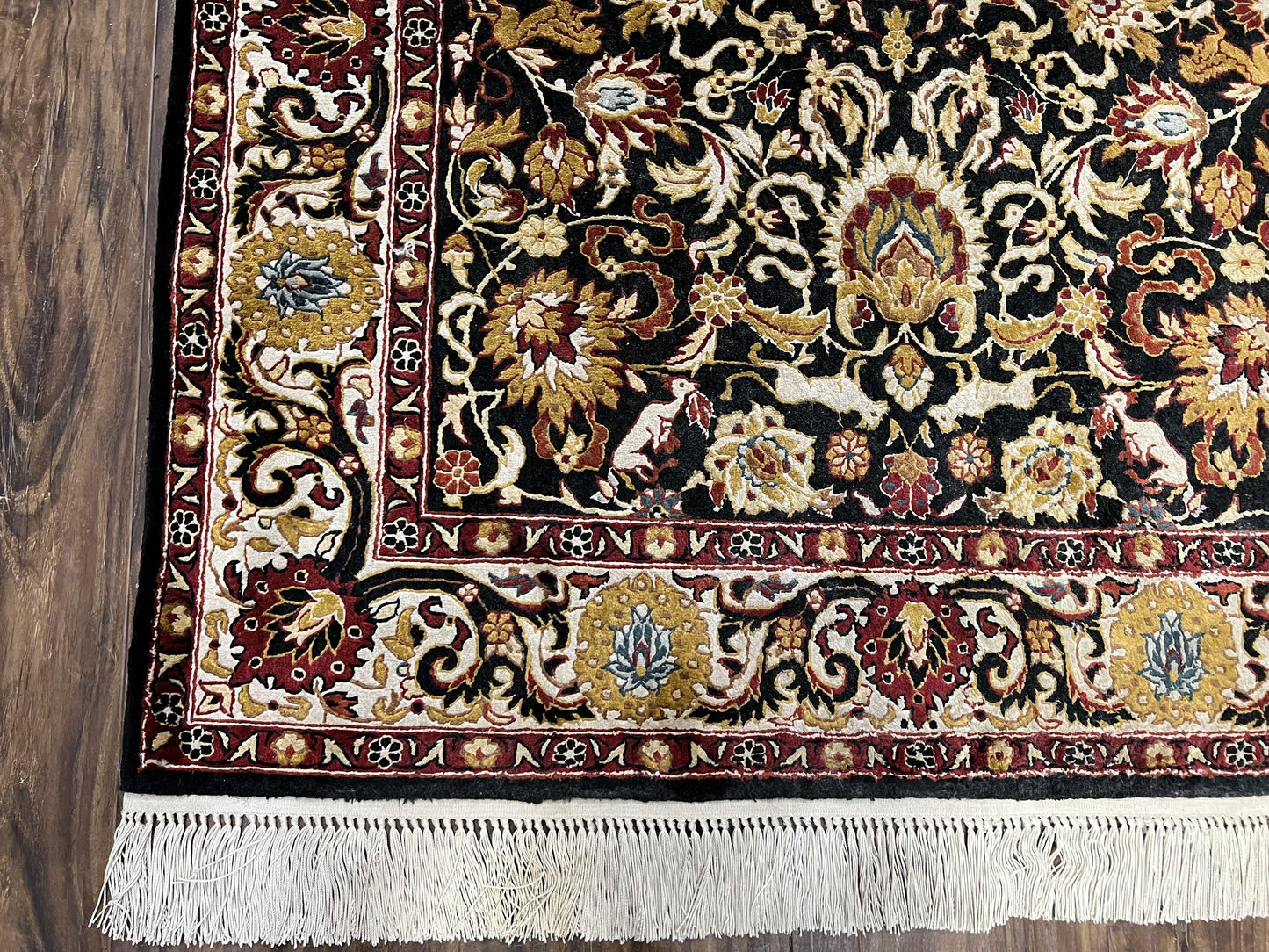 Sino Persian Silk Rug 3x5 Oriental Carpet 3 x 5 Fine Silk Rug, Black Ivory Gold, Animal Motifs, Flowers, High Quality, Vintage Silk Rug Wow - Nuvé