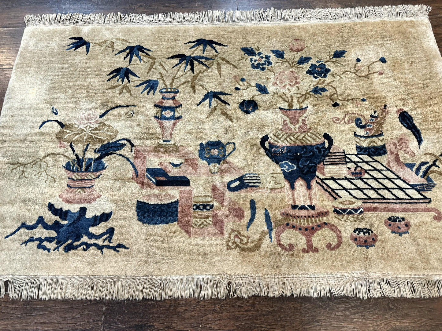 Chinese Rug 5x3, Horizontal Rug, Vases Flowers, Handmade Antique Vintage Carpet, Peking Rug, Chinese Wool Rug - Nuvé
