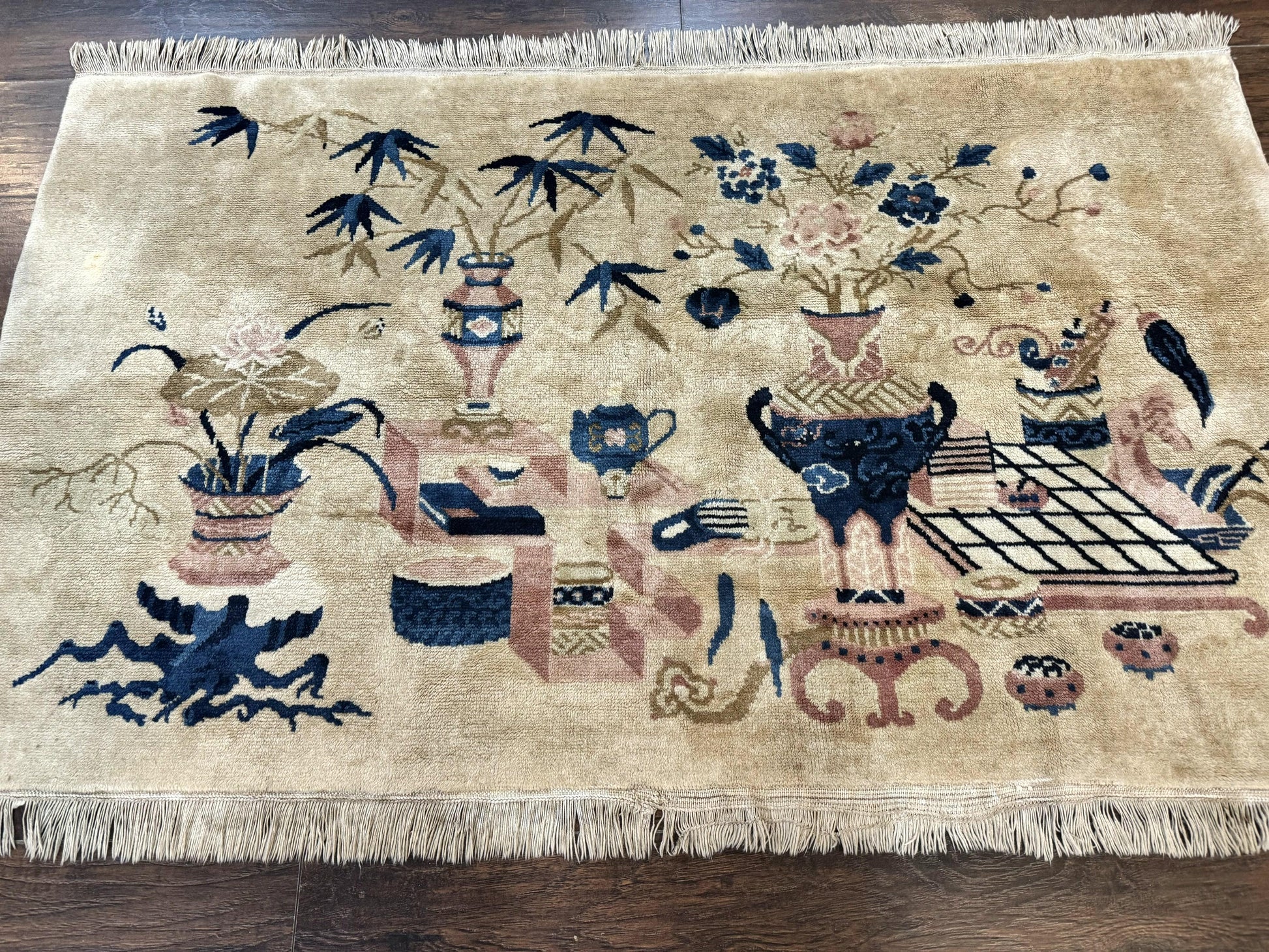 Chinese Rug 5x3, Horizontal Rug, Vases Flowers, Handmade Antique Vintage Carpet, Peking Rug, Chinese Wool Rug - Nuvé