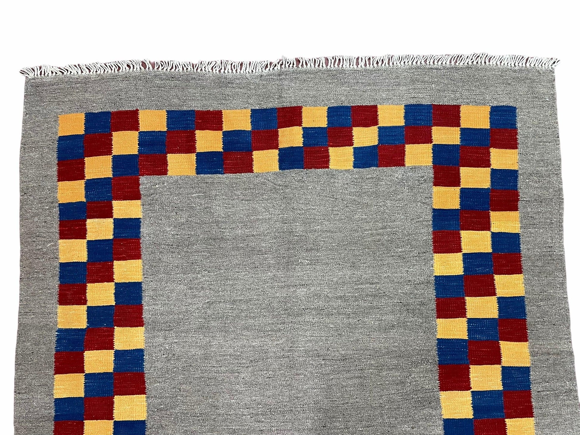 Gray Kilim Carpet, Yellow, Red, Blue Checkerboard Pattern, Flatweave, New, Geometric, Hand-Knotted, Wool, Turkish Area Rug, 5' 9" x 7' 9" - Nuvé