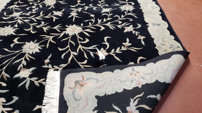 6x9 Vintage Black Gray Chinese Rug 120 Lines Wool Carpet Floral Design Hand-Knotted Soft Pile Entryway Rug Foyer Rug Nice
