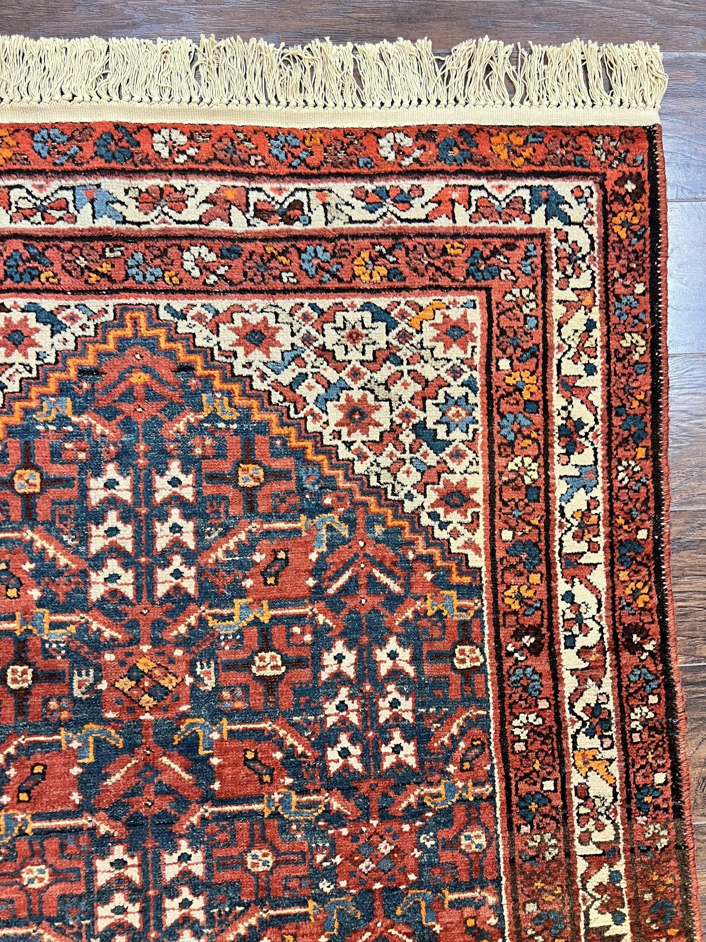 Persian Malayer Rug 4x7, Tribal Rug, Geometric, Antique Oriental Carpet, Red Blue Cream, Boho Rug, Hand Knotted Wool Rug - Nuvé