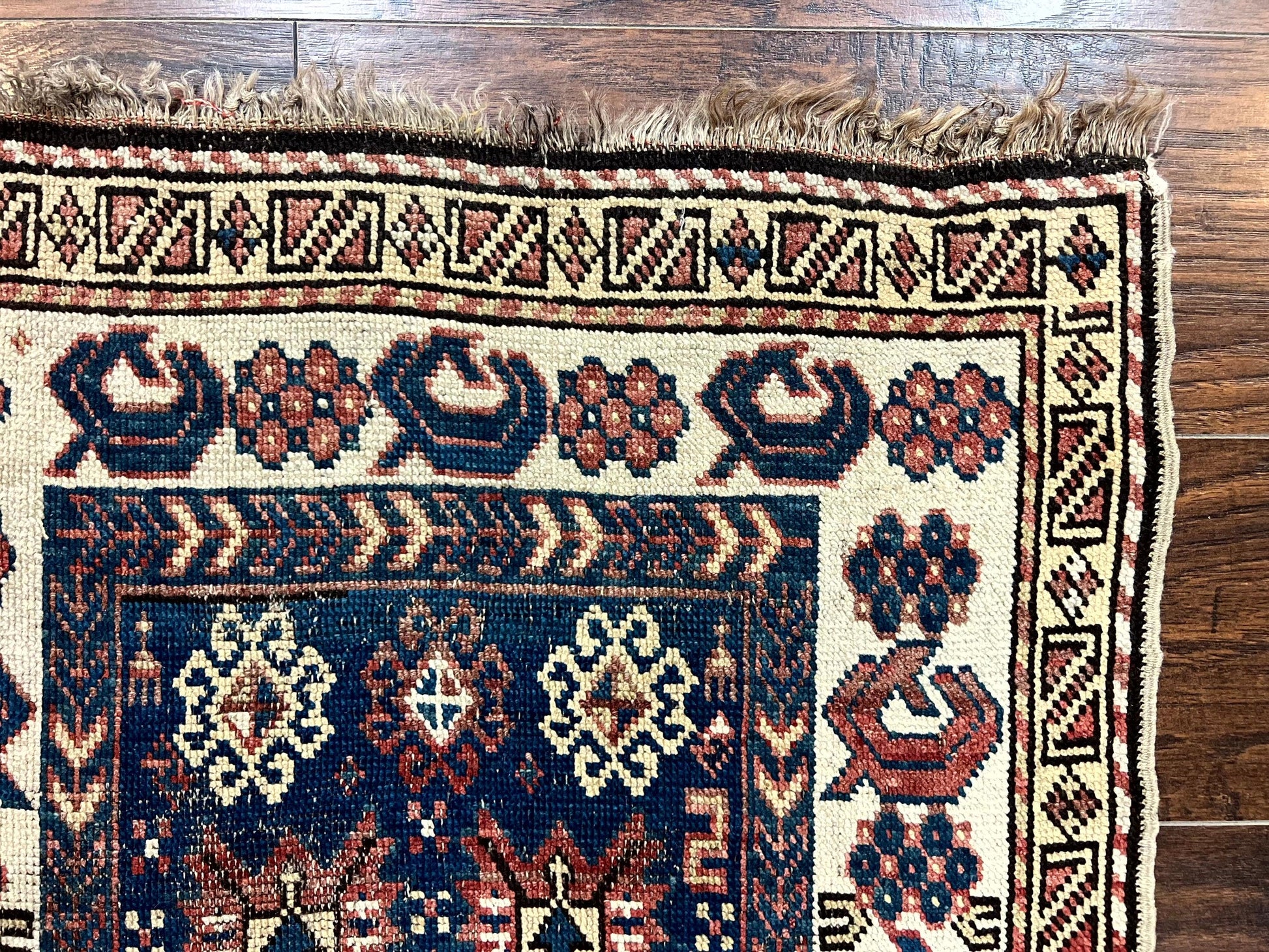 Antique Caucasian Kazak Rug 2.5 x 4, Navy Blue and Ivory, Hand Knotted Handmade Wool Rug - Nuvé