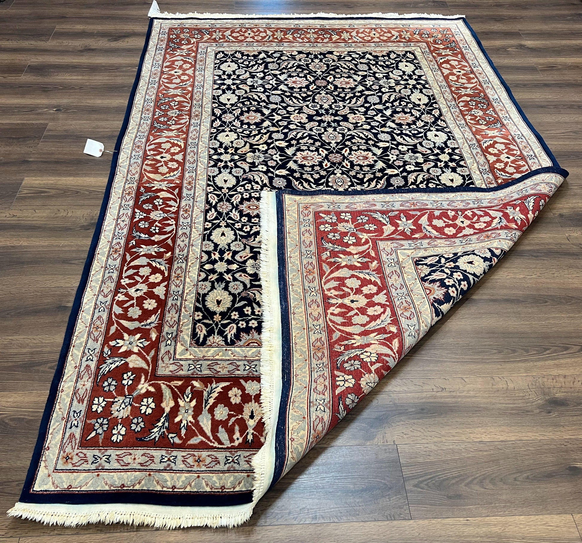 Indo Sarouk Rug 6x9, Vintage Indian Persian Rug, Wool Oriental Carpet, Navy Blue Red Allover Floral Rug, Traditional Very Fine Rug, Area Rug - Nuvé