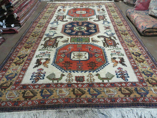 7' X 10' Vintage Handmade Knotted Turkish Wool Rug Birds Animal Ivory Organic - Nuvé