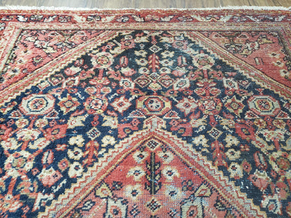 Antique Persian Mahal Area Rug 4.4 x 6.6, Wool Hand-Knotted Shabby Chic Oriental Rug, Red Black 1930s Foyer Room Carpet, Low Pile Boho Rug - Nuvé
