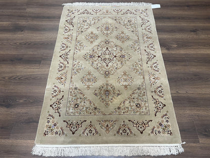 Very Fine Persian Isfahan Rug 3x5 ft with Signature, Kork Wool on Silk Foundation, Gray-Taupe Vintage Hand Knotted Oriental Carpet, 60 Raj 460 KPSI - Nuvé