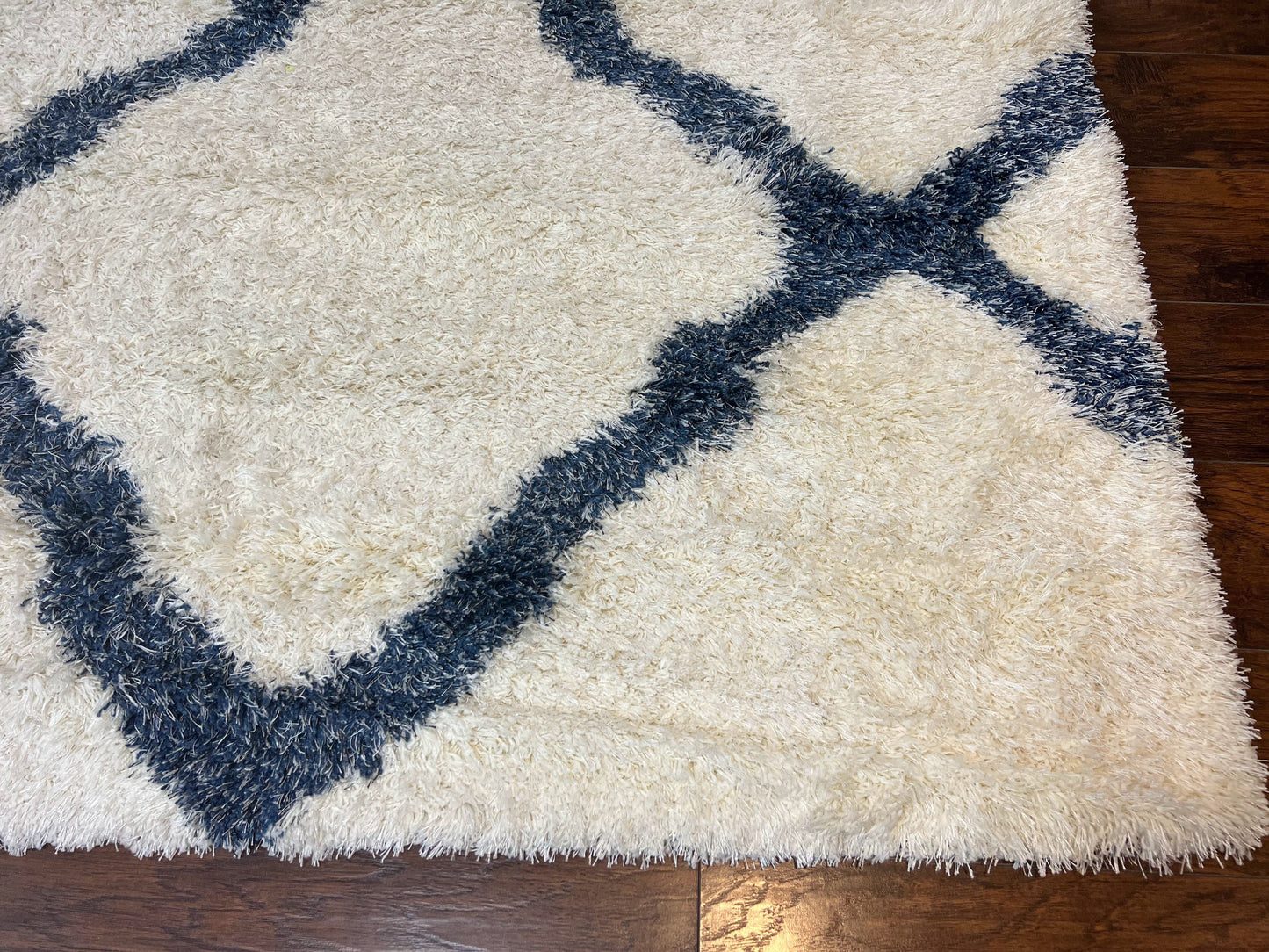 Modern Shag Rug 9x12, Ivory and Dark Blue, Diamond Pattern, Soft, Room Sized, Contemporary Rug, Plush