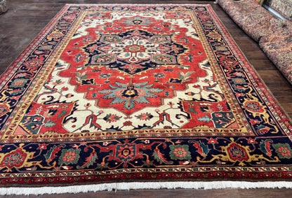 Persian Heriz Serapi Rug 8 x 10.6, Geometric Medallion, Great Colors, Rare, Red Navy Blue Ivory - Nuvé