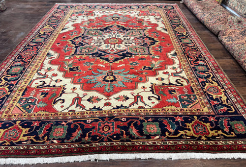 Persian Heriz Serapi Rug 8 x 10.6, Geometric Medallion, Great Colors, Rare, Red Navy Blue Ivory - Nuvé