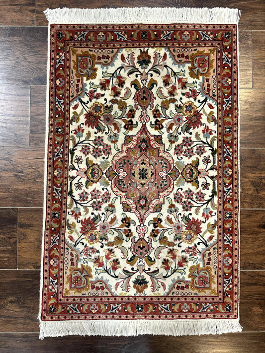 Small Persian Tabriz Rug 2x3, Floral Medallion, Wool and Silk, 340 KPSI - Nuvé