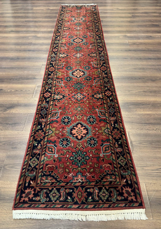 Indo Persian Heriz Runner Rug 2 x 12 ft, Hand Knotted Wool Hallway Rug, Red & Black - Nuvé