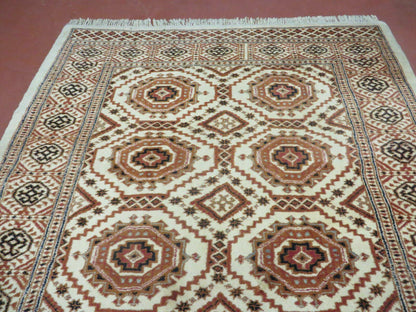 4' X 7' Vintage Handmade Pakistani Turkoman Bokhara Balouch Woven Wool Rug Ivory
