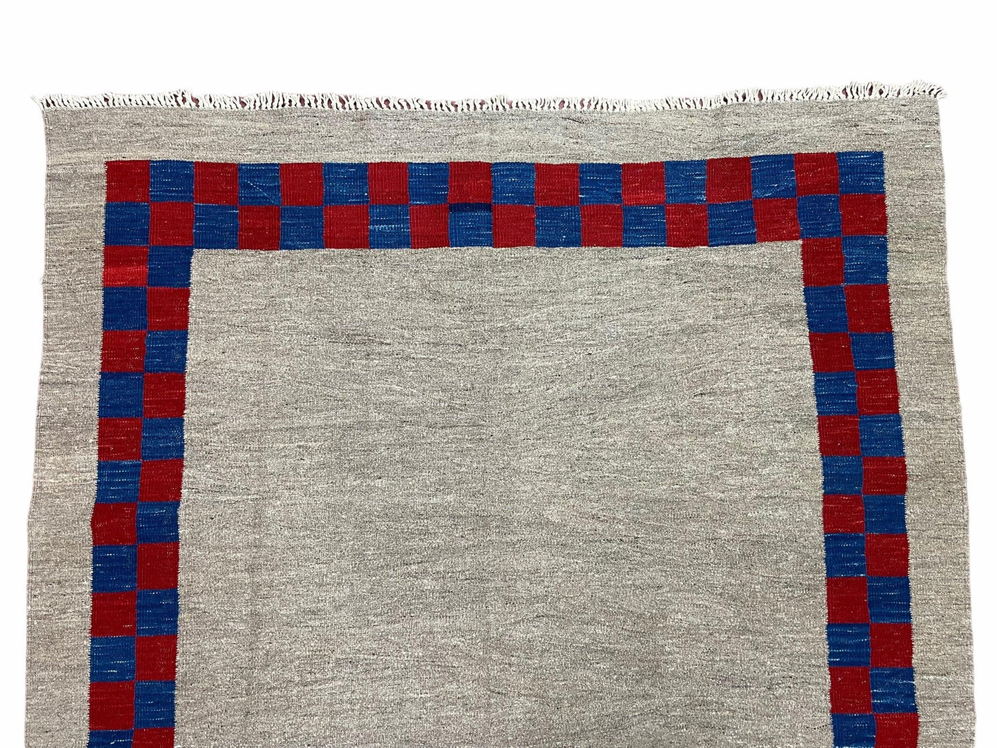 5' 7" x 7' 9" Geometric Kilim Carpet, Gray, Handmade, Hand-Knotted Area Rug, Blue & Red, Flatweave, Wool, New, Checkerboard Pattern - Nuvé