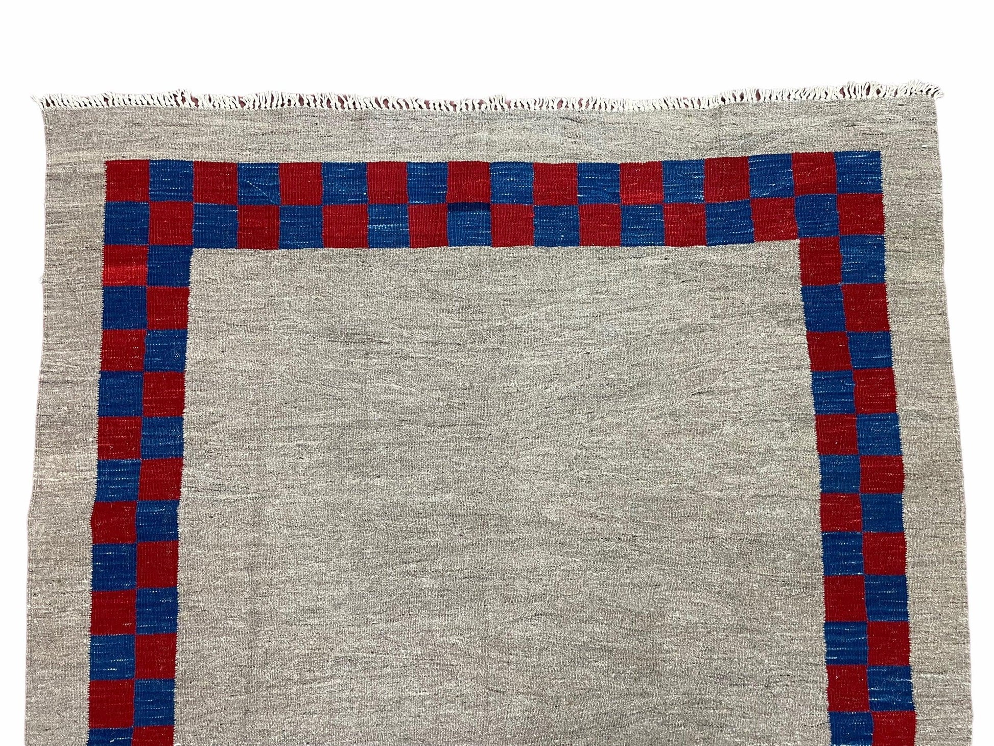 5' 7" x 7' 9" Geometric Kilim Carpet, Gray, Handmade, Hand-Knotted Area Rug, Blue & Red, Flatweave, Wool, New, Checkerboard Pattern - Nuvé