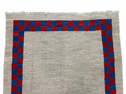 5' 7" x 7' 9" Geometric Kilim Carpet, Gray, Handmade, Hand-Knotted Area Rug, Blue & Red, Flatweave, Wool, New, Checkerboard Pattern - Nuvé