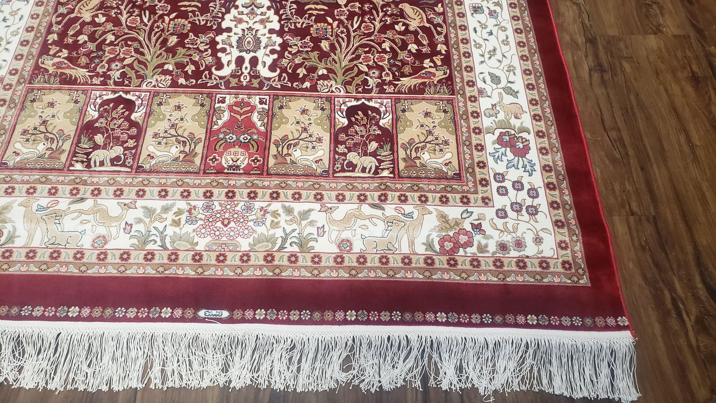 Silk Carpet 4x6 Dark Red & Cream, Tree of Life Rug, Animal Motifs, Birds Deer Rabbits, All Bamboo Silk, 4 x 6 Silk Area Rug - Nuvé