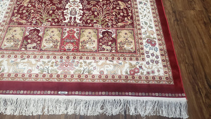 Silk Carpet 4x6 Dark Red & Cream, Tree of Life Rug, Animal Motifs, Birds Deer Rabbits, All Bamboo Silk, 4 x 6 Silk Area Rug - Nuvé