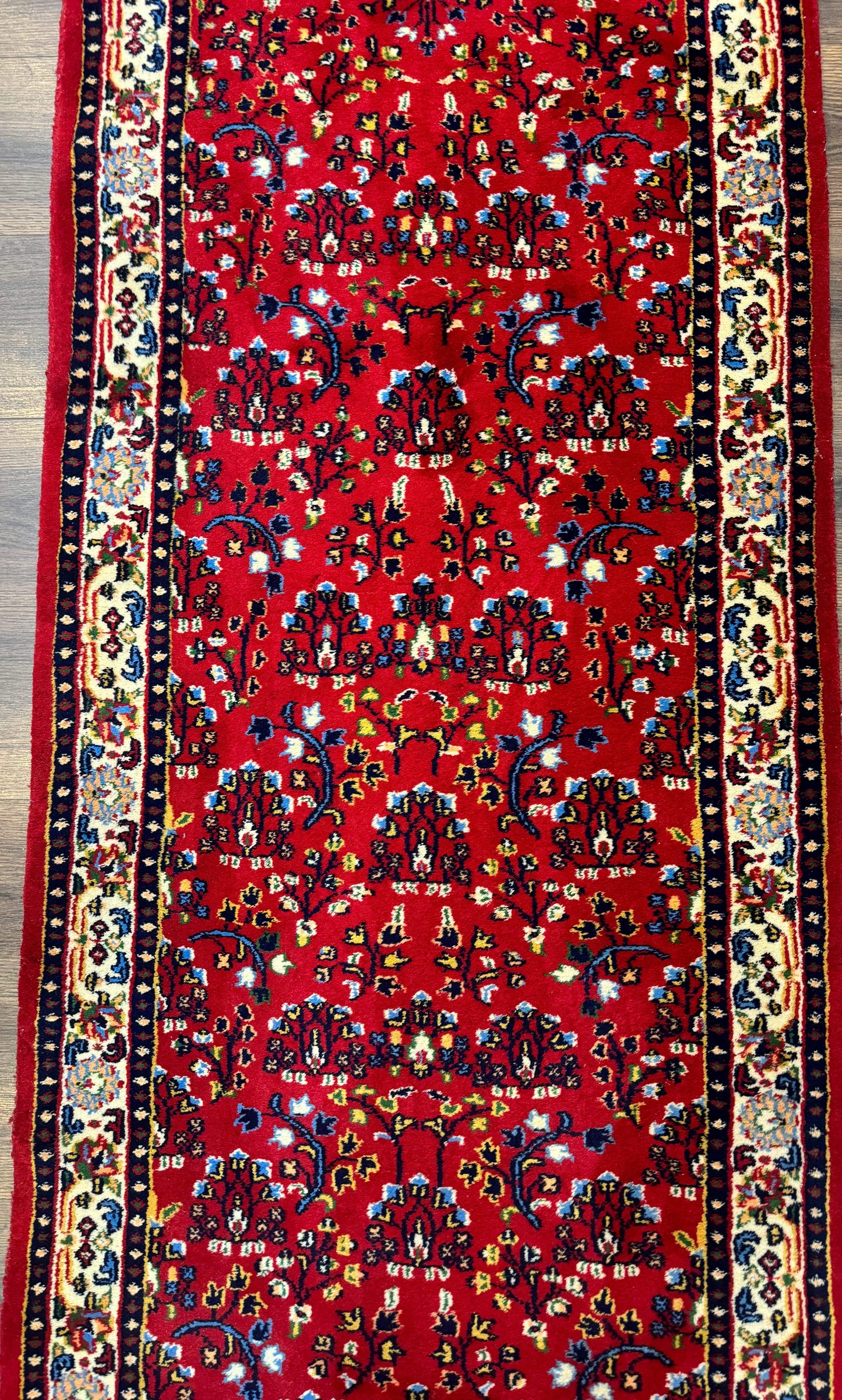 Indo Persian Sarouk Runner Rug 3 x 12, Red and Cream, Allover Pattern, 12ft Runner, Hand Knotted - Nuvé