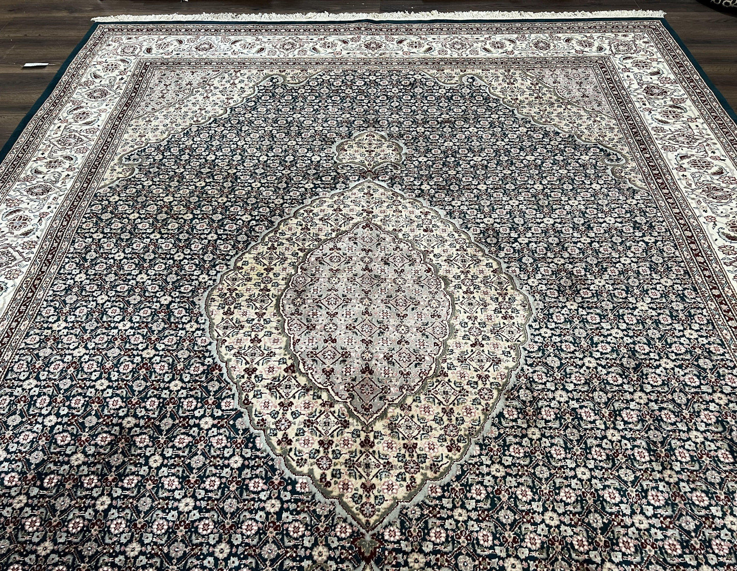Sino Persian Rug 9x12, Dark Green and Ivory, Medallion, Mahi Herati, Elegant Oriental Carpet, Wool Hand Knotted Traditional Room Sized Rug - Nuvé