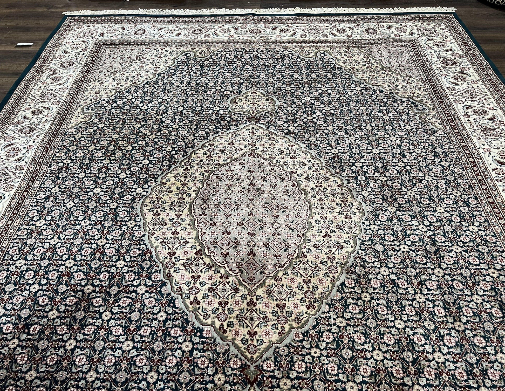 Sino Persian Rug 9x12, Dark Green and Ivory, Medallion, Mahi Herati, Elegant Oriental Carpet, Wool Hand Knotted Traditional Room Sized Rug - Nuvé