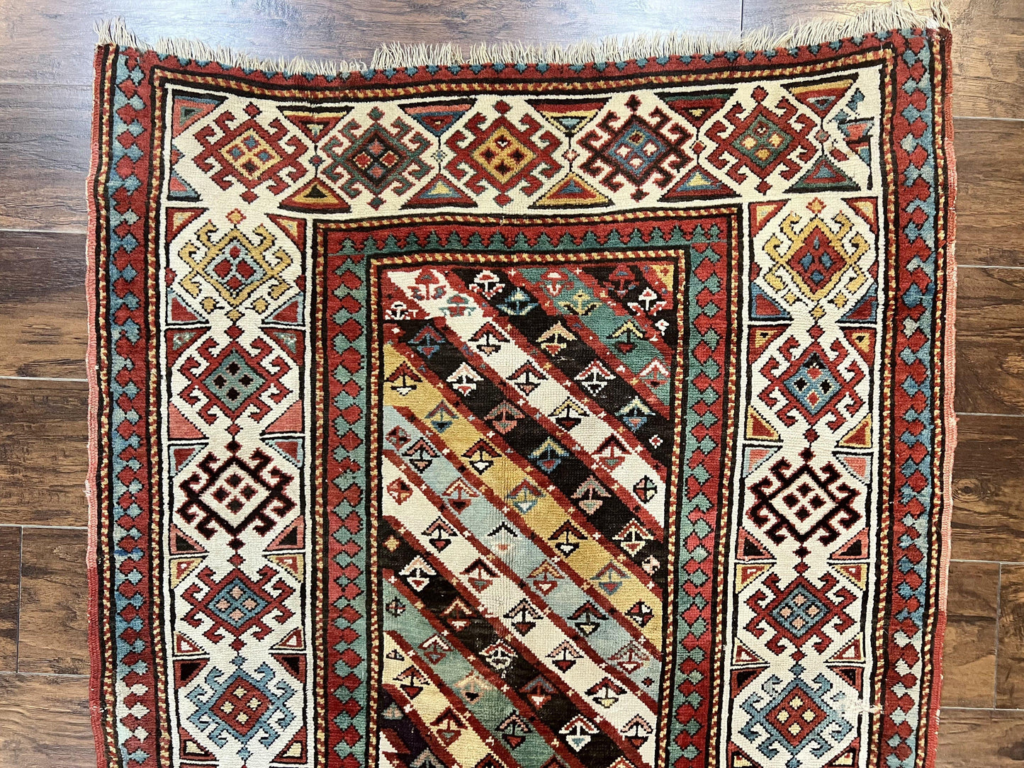 Caucasian Kazak Runner Rug 3.6 x 8, Wool Hand Knotted Antique 1880s Carpet, Ivory & Multicolor Stripes Oriental Runner Rug, Hallway Rug - Nuvé