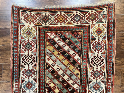 Caucasian Kazak Runner Rug 3.6 x 8, Wool Hand Knotted Antique 1880s Carpet, Ivory & Multicolor Stripes Oriental Runner Rug, Hallway Rug - Nuvé
