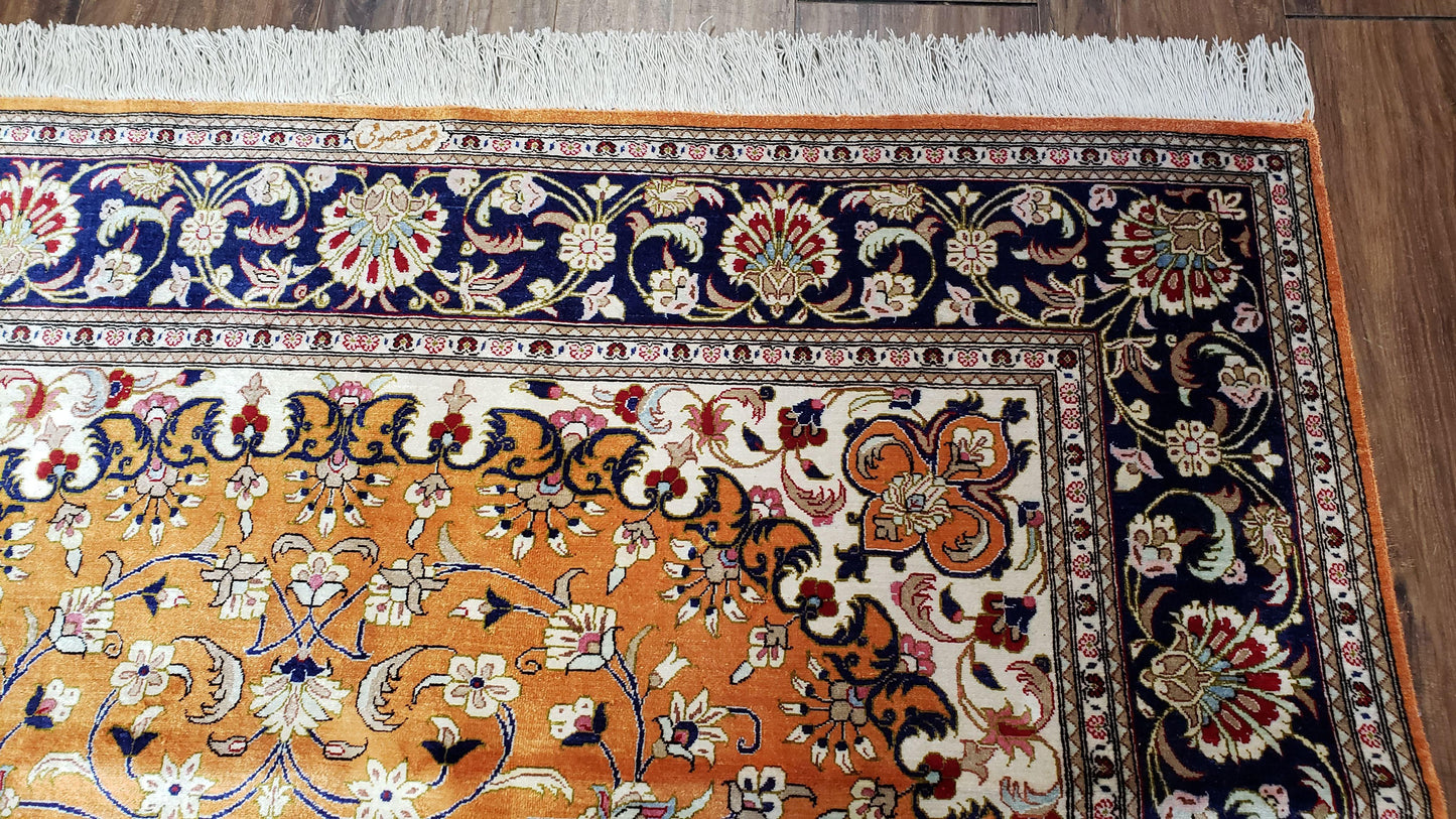 Vintage Persian Qum Silk Rug 4.6 x 6.7, Burnt Orange and Navy Blue, Antique Oriental Very Fine Signature Master Weaver 350+ KPSI Ghom Qom 5x7 Rug - Nuvé