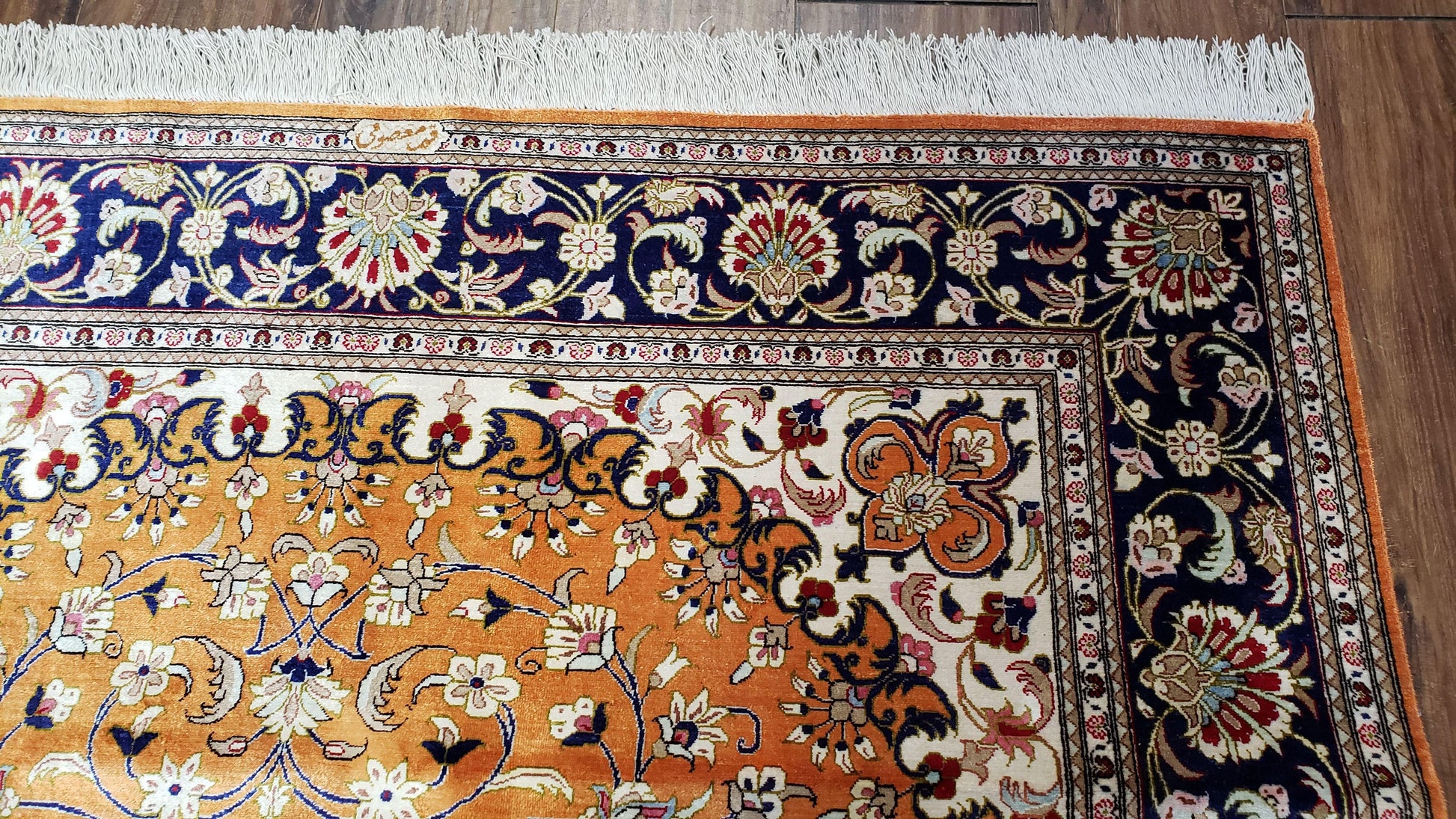 Vintage Persian Qum Silk Rug 4.6 x 6.7, Burnt Orange and Navy Blue, Antique Oriental Very Fine Signature Master Weaver 350+ KPSI Ghom Qom 5x7 Rug - Nuvé