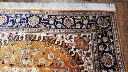 Vintage Persian Qum Silk Rug 4.6 x 6.7, Burnt Orange and Navy Blue, Antique Oriental Very Fine Signature Master Weaver 350+ KPSI Ghom Qom 5x7 Rug - Nuvé