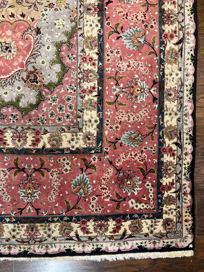 Magnificent Persian Tabriz Rug 11x16, Oversized Persian Carpet 11 x 16 ft, Wool on Silk Finely Hand Knotted, 450 KPSI, Floral Medallion, Black Pink - Nuvé
