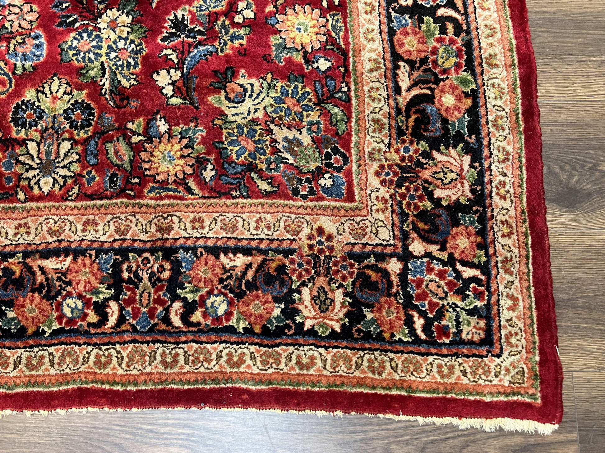 Rare Persian Almost Square Rug 6.3 x 5.3, Hand Knotted Wool Antique 1920s Sarouk Oriental Carpet, Red Navy Blue Beige, Floral Allover, 5x6 Area Rug - Nuvé