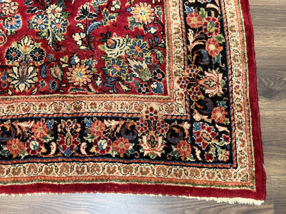 Rare Persian Almost Square Rug 6.3 x 5.3, Hand Knotted Wool Antique 1920s Sarouk Oriental Carpet, Red Navy Blue Beige, Floral Allover, 5x6 Area Rug - Nuvé