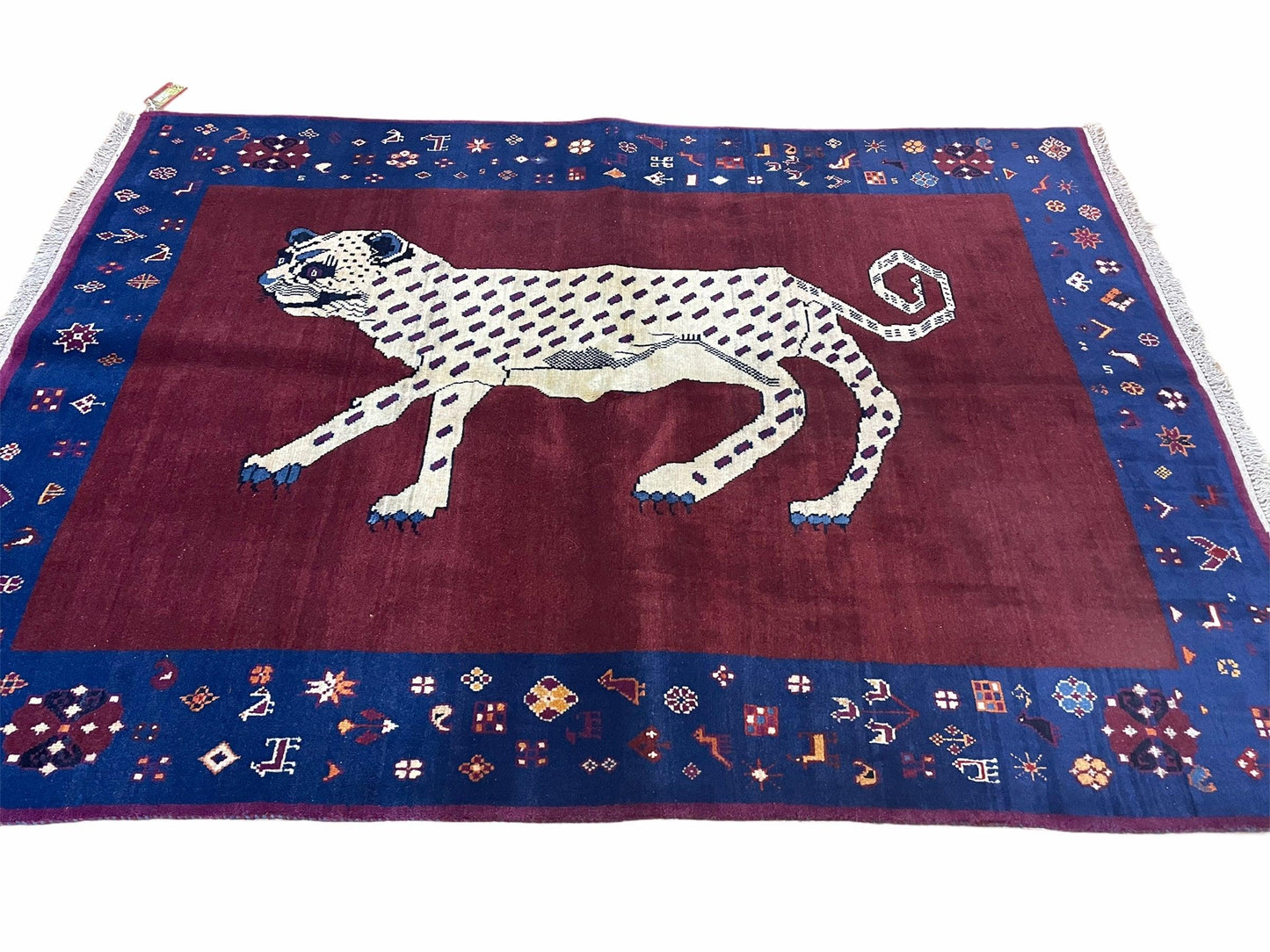5 X 7 Handmade Zagros Wool Rug Snow White Panther Maroon Blue Organic Dyes - Nuvé