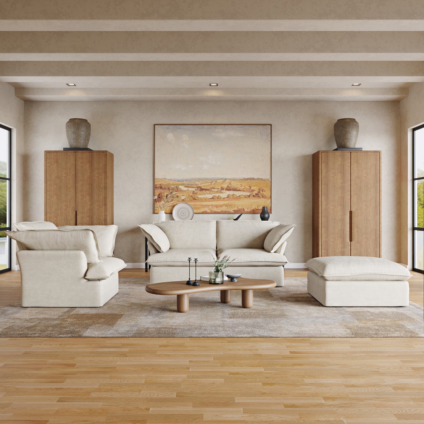 Sabi Modular Boucle Cloud Sofa - Beige - 3-Seater Sectional Sofa with Ottoman - Nuvé